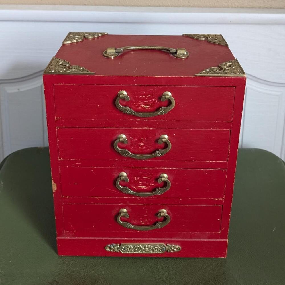 Vintage Japanese Tansu Jewelry Chest Box 4 Lined Drawers Antique Brass Hardware